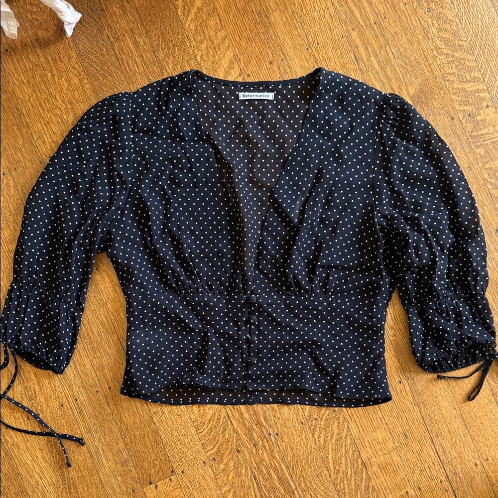 Reformation Black Polka Dot V-Neck Tie-Sleeve Blouse